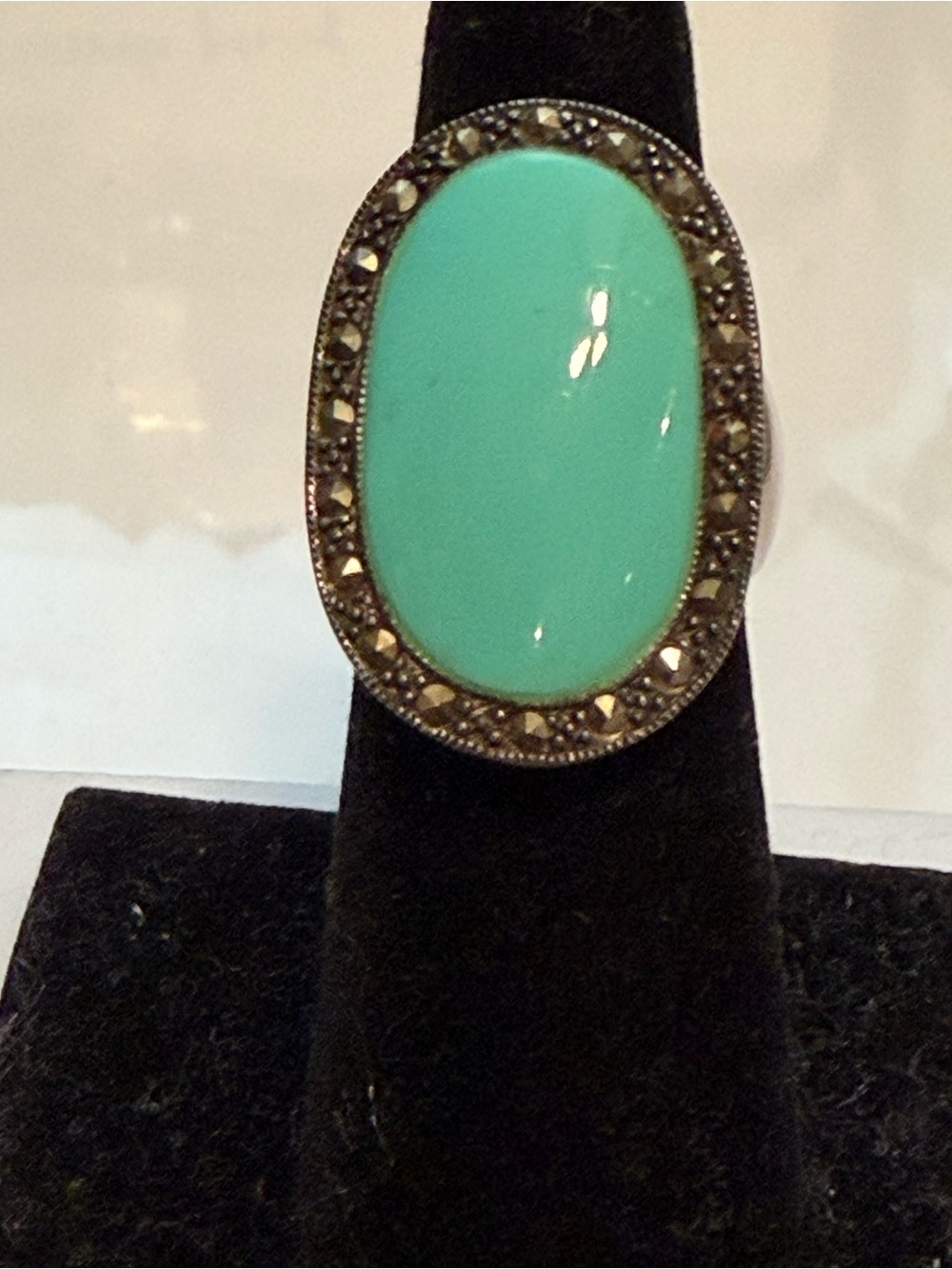Vintage art deco revival sterling silver oval turquoise cabochon marcasite ring